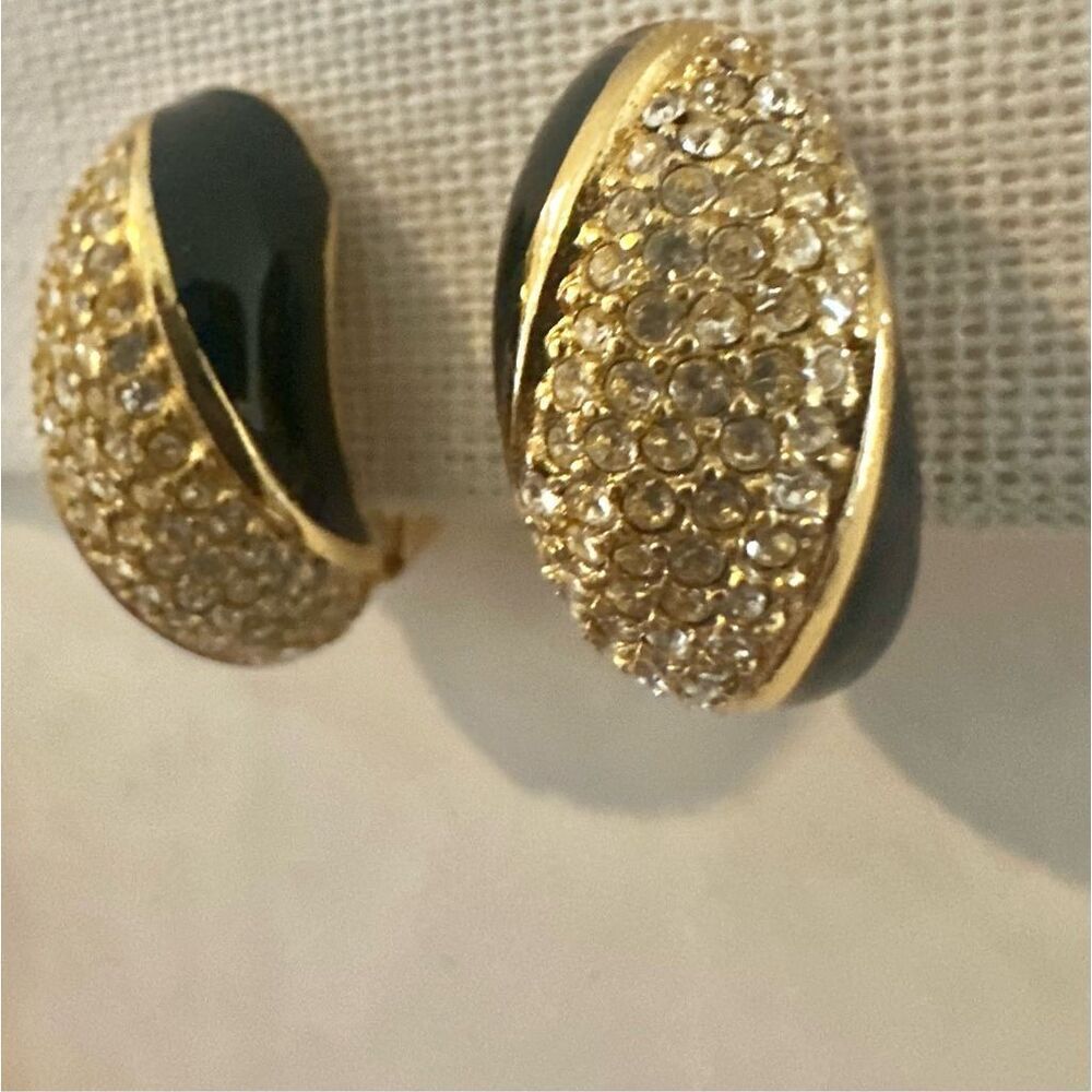 Christian Dior Gold & Black Enamel Rhinestone Clip-On Earrings ✨ - Picture 3 of 9